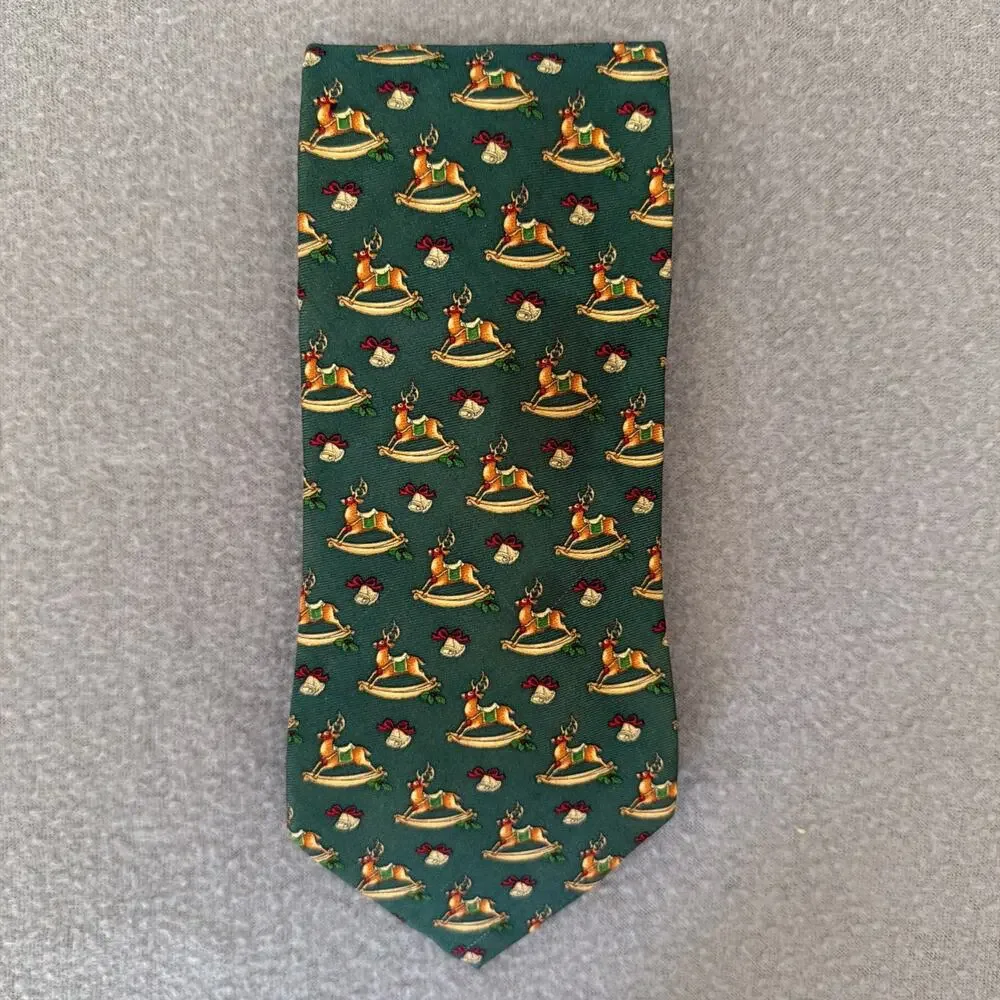 Brook Brothers Tie Necktie Christmas Holiday Rocking Reindeer Green Party Gift